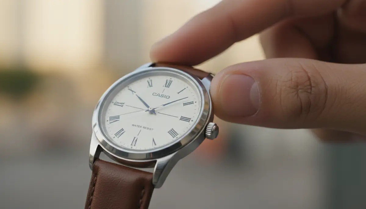 A person's hand turning the crown of a classic Casio analog watch against a blurred background, focusing on the watch face., high-quality photography, professional lighting, sharp focus, realistic, detailed