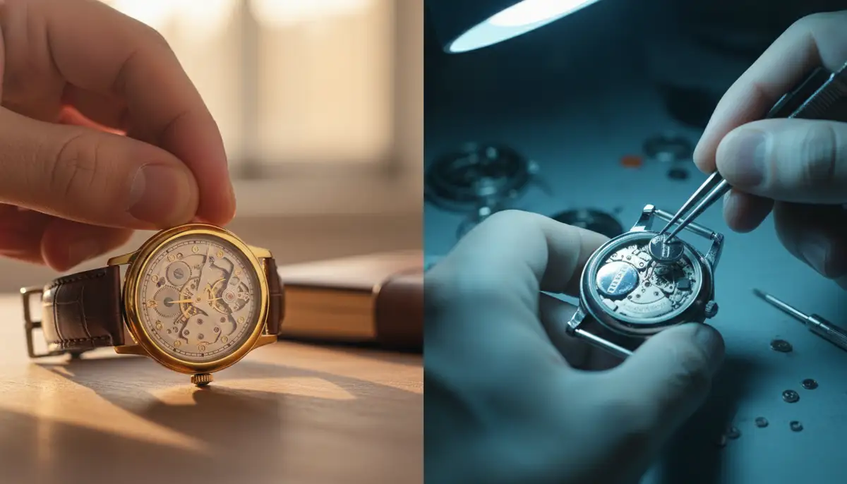 A person's hand winding an analog watch, contrasted with another person replacing a battery in a quartz watch, illustrating maintenance differences., high-quality photography, professional lighting, sharp focus, realistic, detailed