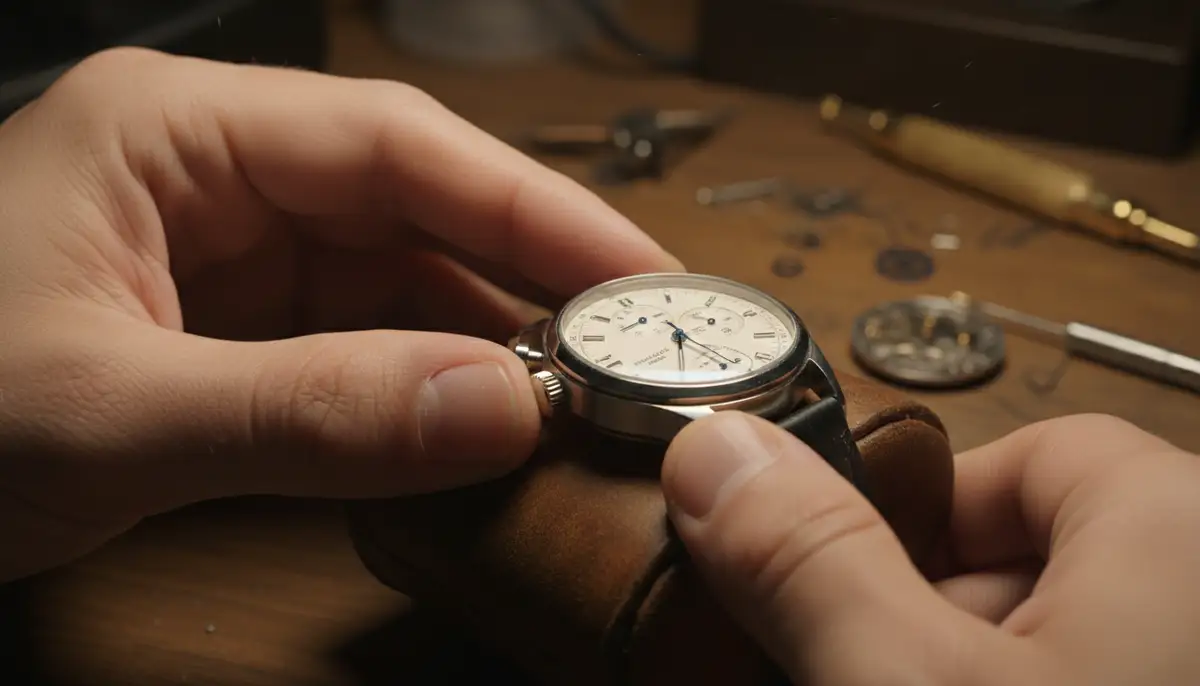 A person's hands carefully pressing the reset button on a chronograph watch, with a blurred background suggesting a workbench or watch enthusiast's desk., high-quality photography, professional lighting, sharp focus, realistic, detailed