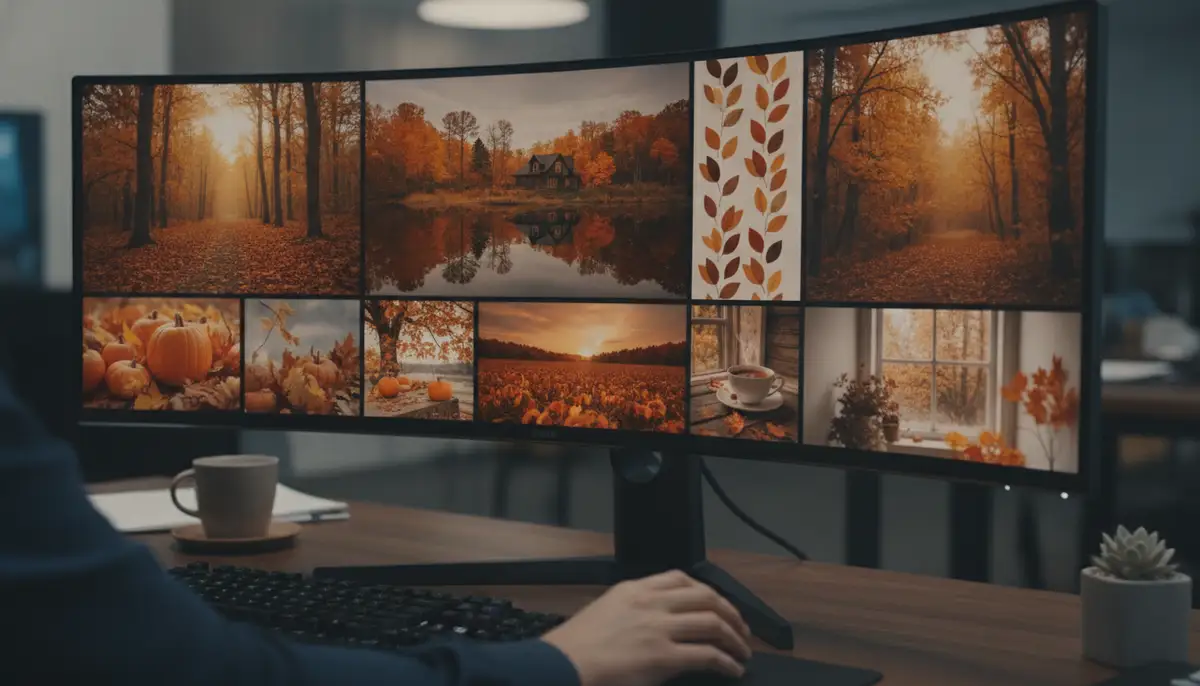 A person's hands customizing their desktop background on a large monitor, showing a gallery of diverse fall desktop background images with warm colors and various themes., high-quality photography, professional lighting, sharp focus, realistic, detailed