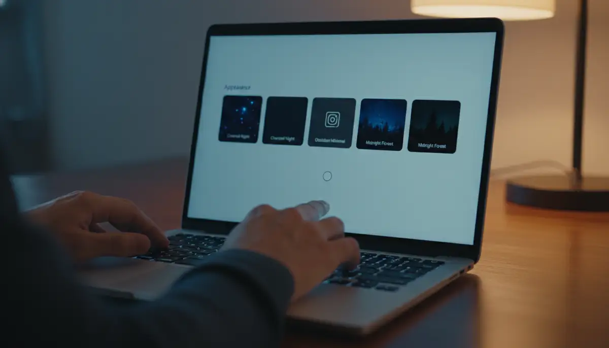 A person's hands customizing their laptop settings to apply a dark theme, with a focus on the screen showing various black aesthetic options., high-quality photography, professional lighting, sharp focus, realistic, detailed