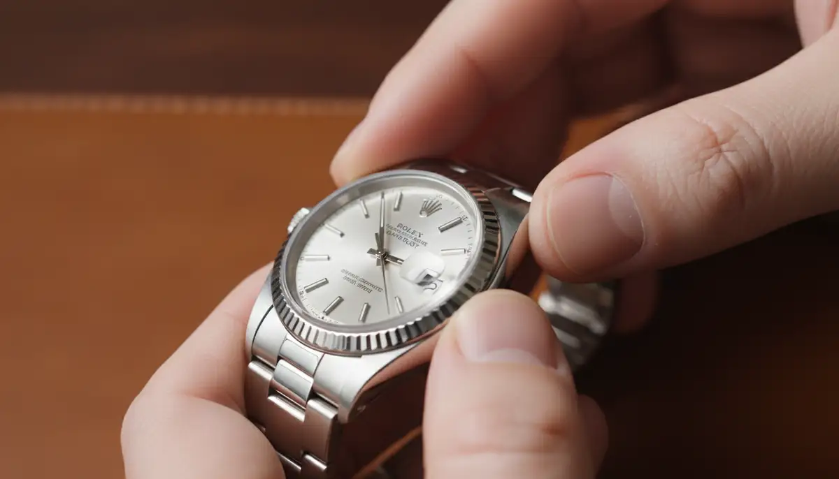 A person's hands delicately adjusting the time on a Rolex Datejust, with the date window clearly visible and the hour hand moving., high-quality photography, professional lighting, sharp focus, realistic, detailed