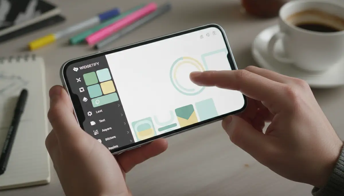 A person's hands holding a smartphone, actively designing custom aesthetic widget images using a popular design app, with creative tools visible on screen., high-quality photography, professional lighting, sharp focus, realistic, detailed