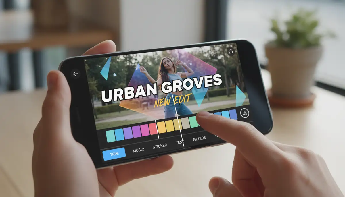 A person's hands holding a smartphone, actively using the InShot video editing app interface to trim a video clip, with creative graphics and text overlays visible on the screen. Bright, modern aesthetic., high-quality photography, professional lighting, sharp focus, realistic, detailed