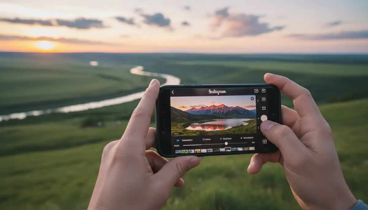 A person's hands holding a smartphone, editing a landscape photo within the Instagram app interface, with a vibrant, scenic background blurred., high-quality photography, professional lighting, sharp focus, realistic, detailed