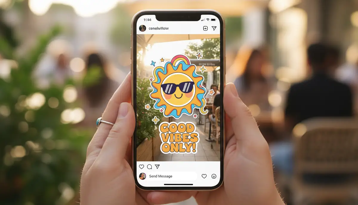 A person's hands holding a smartphone, showcasing an Instagram Story with a custom sticker seamlessly integrated, vibrant and engaging., high-quality photography, professional lighting, sharp focus, realistic, detailed