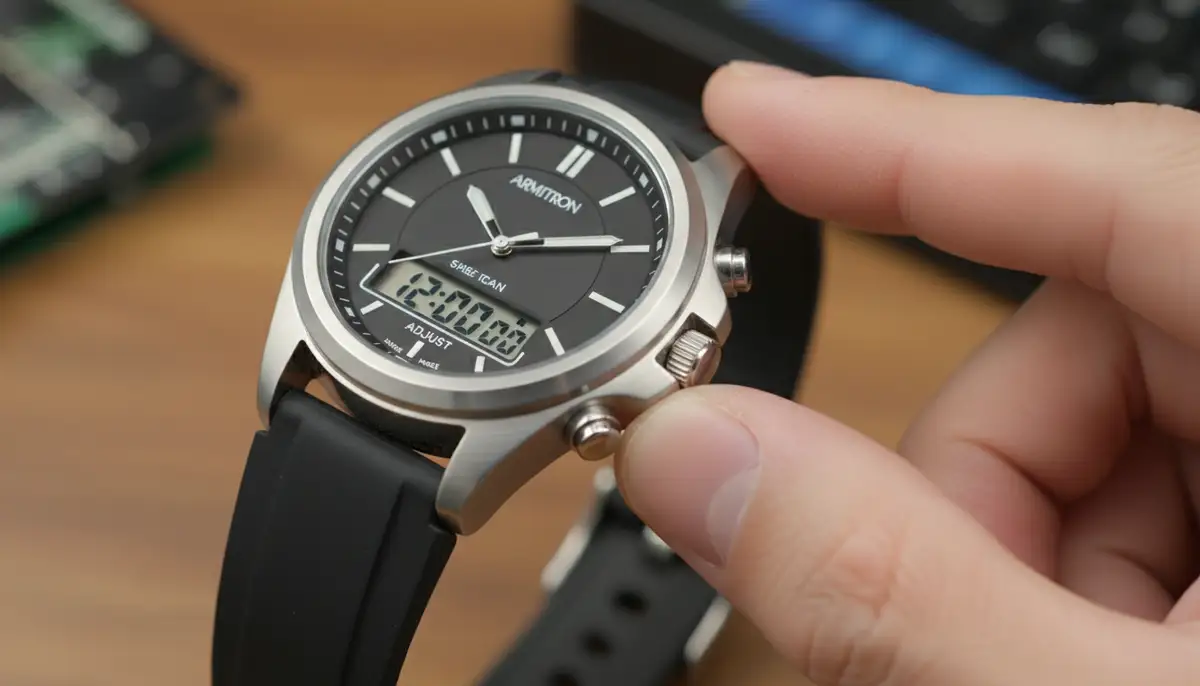A person's hands operating the buttons on an Armitron analog-digital hybrid watch, demonstrating the synchronization process, with a blurred background., high-quality photography, professional lighting, sharp focus, realistic, detailed