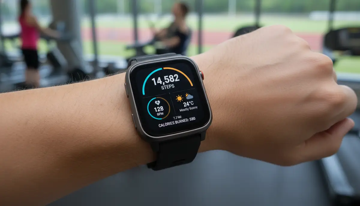 A person's wrist wearing a modern Fitbit smartwatch, displaying a vibrant, data-rich watch face with fitness metrics and weather, against a blurred background of a gym or outdoor activity., high-quality photography, professional lighting, sharp focus, realistic, detailed
