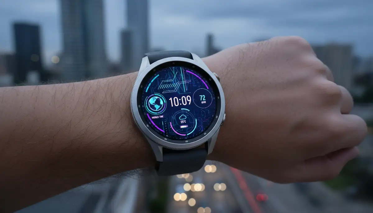 A person's wrist wearing a Samsung Galaxy Watch, showcasing a vibrant, futuristic digital watch face with multiple complications, against a blurred city background., high-quality photography, professional lighting, sharp focus, realistic, detailed