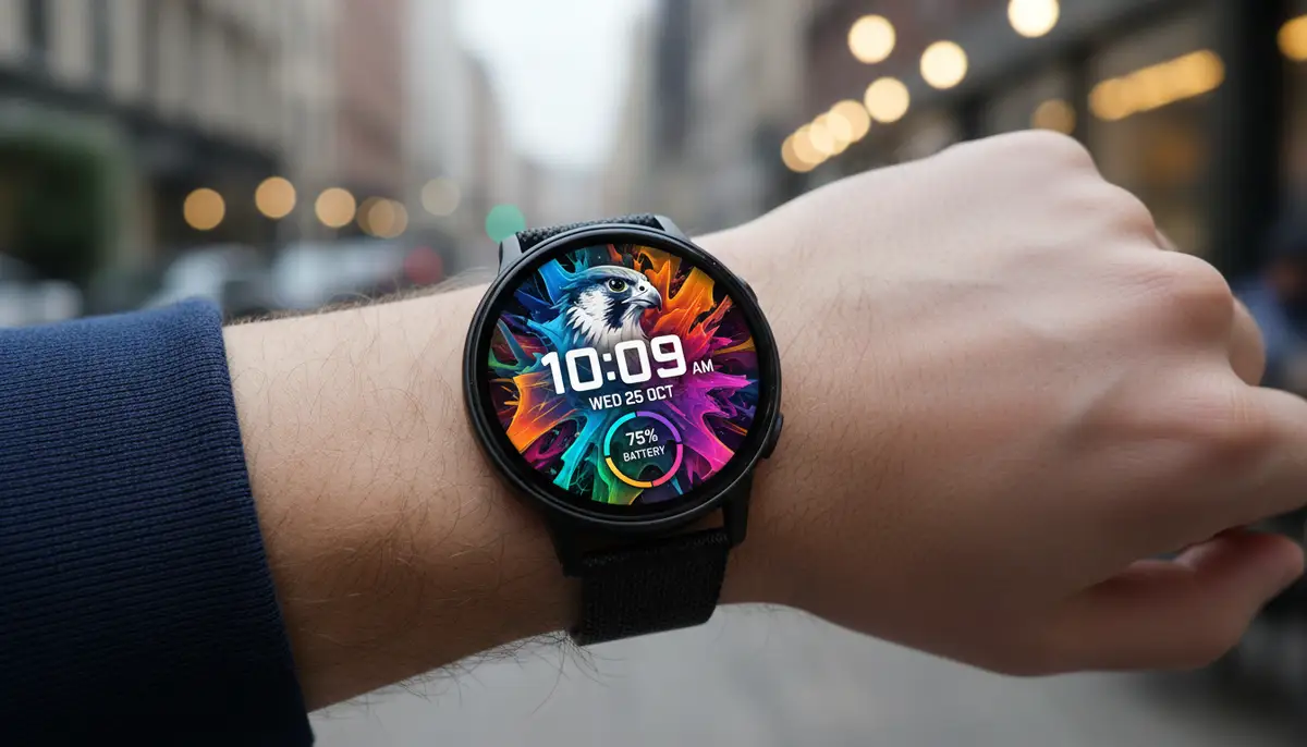 A person's wrist wearing a smartwatch displaying a custom watch face from WatchMaker, with a vibrant, personalized design., high-quality photography, professional lighting, sharp focus, realistic, detailed