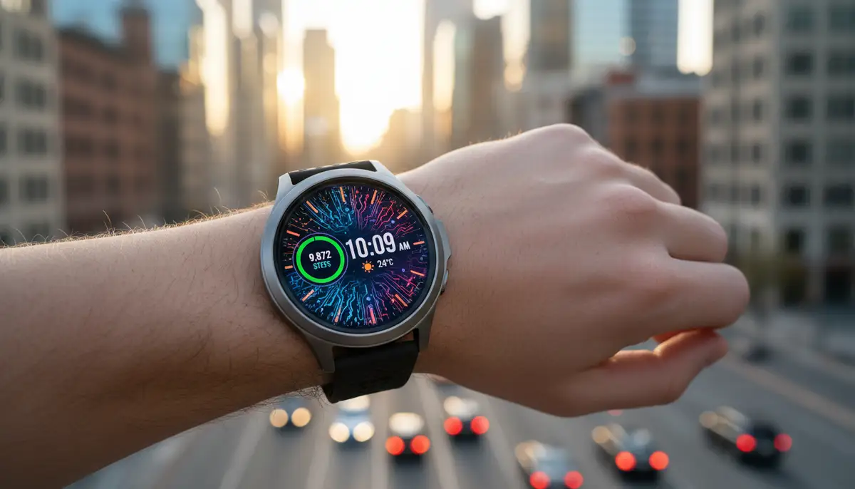 A person's wrist wearing a smartwatch with a vibrant, customized WatchMaker digital watch face, displaying time, weather, and steps, against a blurred city background., high-quality photography, professional lighting, sharp focus, realistic, detailed