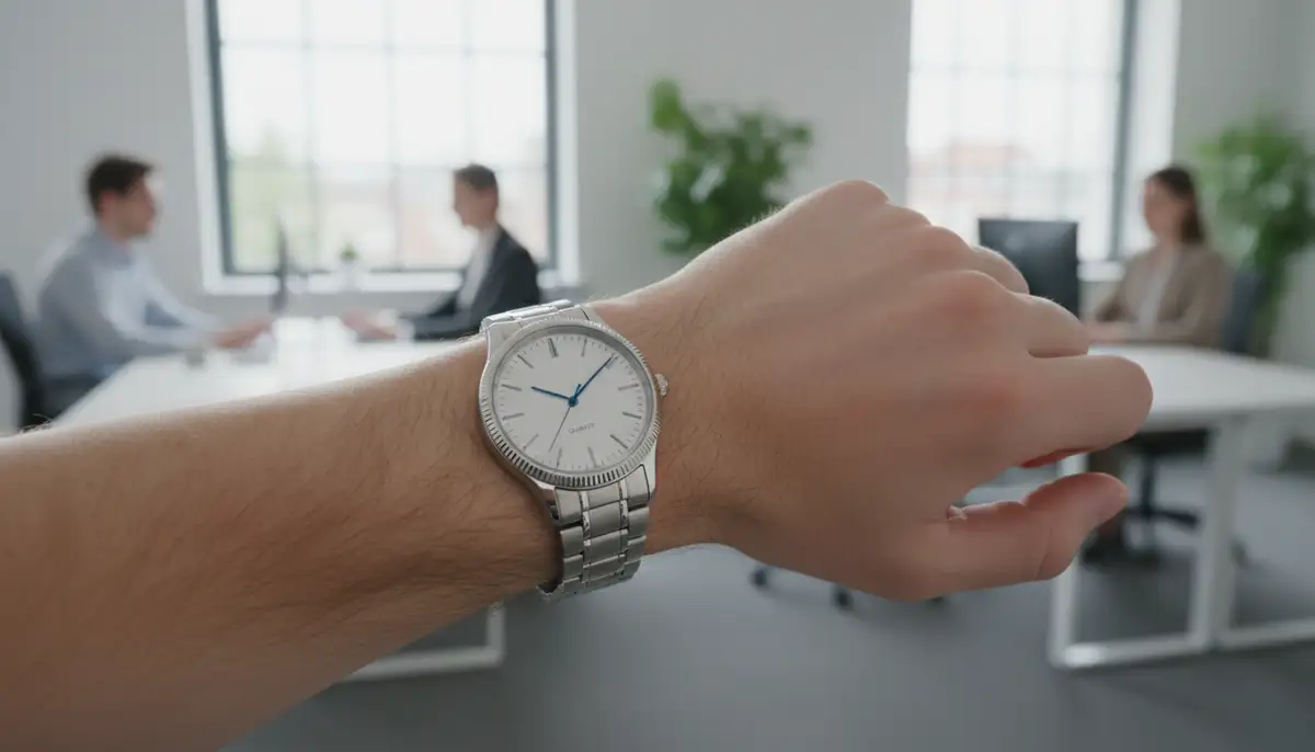 A person's wrist wearing a stylish quartz analog watch, checking the time against a backdrop of a modern office environment, demonstrating everyday utility and elegance., high-quality photography, professional lighting, sharp focus, realistic, detailed