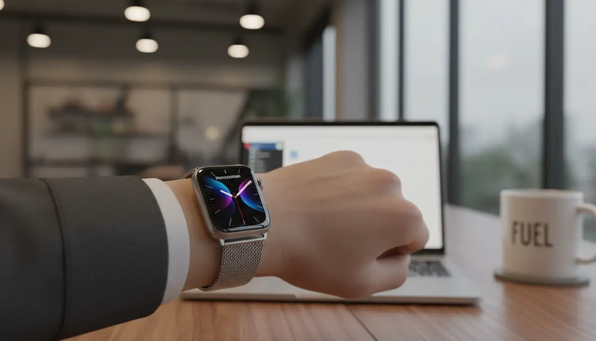 A person's wrist wearing an Apple Watch with a sleek Milanese Loop strap, in a modern office setting, with a laptop and coffee cup in the background, professional lighting., high-quality photography, professional lighting, sharp focus, realistic, detailed