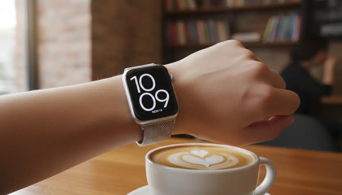 A person's wrist wearing an Apple Watch with a sleek, minimalist Numerals Duo watch face, showcasing elegant simplicity. The setting is a cozy cafe with a latte in the foreground., high-quality photography, professional lighting, sharp focus, realistic, detailed