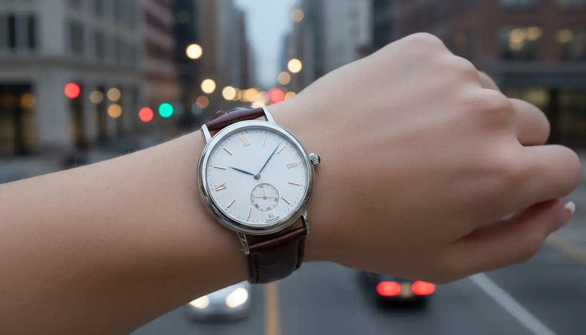 A person's wrist wearing an elegant analog watch, showcasing its dial and hands, against a blurred urban background., high-quality photography, professional lighting, sharp focus, realistic, detailed