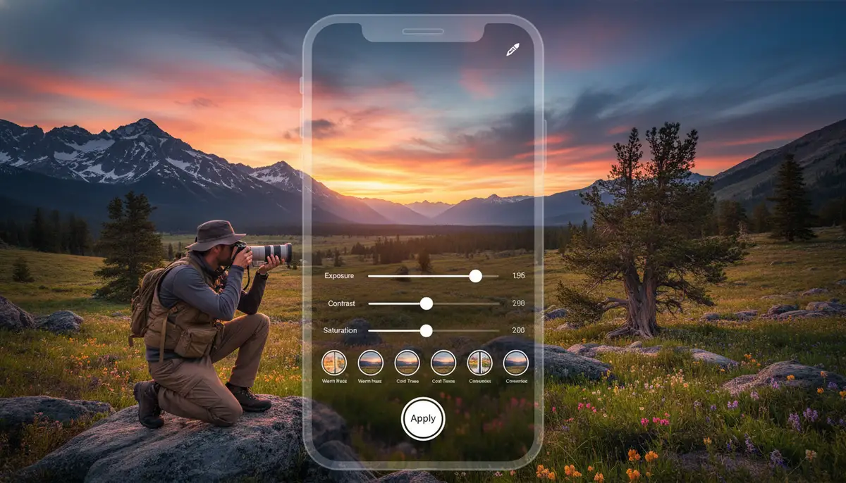 A photographer capturing a vibrant landscape, with a transparent overlay showing a mobile app interface for photo editing, suggesting creative control., high-quality photography, professional lighting, sharp focus, realistic, detailed