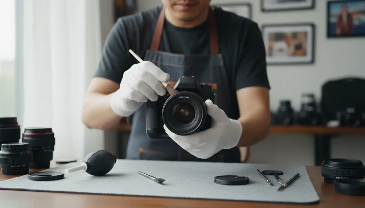 A photographer carefully cleaning their camera lens and body, emphasizing camera care and maintenance, with a soft, natural light., high-quality photography, professional lighting, sharp focus, realistic, detailed