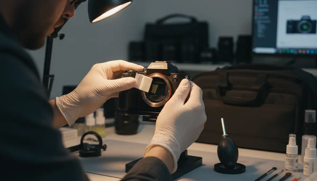 A photographer carefully cleaning their Sony A7III camera sensor with specialized tools, emphasizing camera maintenance and extending lifespan., high-quality photography, professional lighting, sharp focus, realistic, detailed