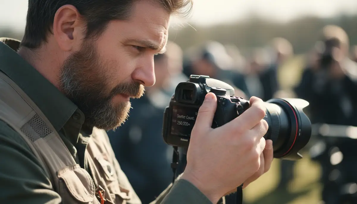 A photographer examining a camera's LCD screen displaying the shutter count, with a thoughtful expression., high-quality photography, professional lighting, sharp focus, realistic, detailed