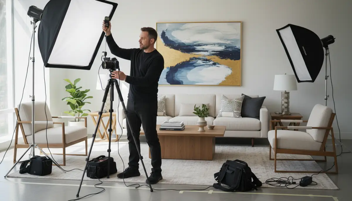A photographer meticulously setting up lighting in a beautifully styled modern living room, capturing the perfect shot., high-quality photography, professional lighting, sharp focus, realistic, detailed