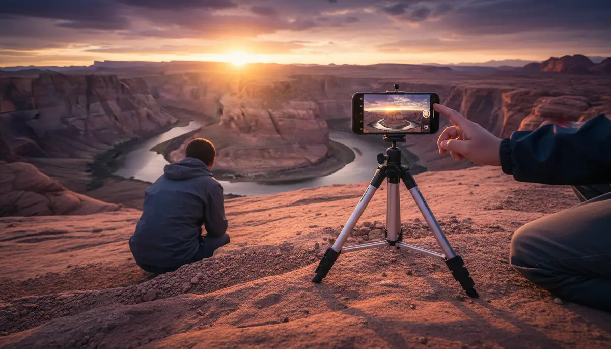 A photographer using a small tripod with an Android phone mounted, capturing a sharp landscape scene at sunset, emphasizing stability and precision., high-quality photography, professional lighting, sharp focus, realistic, detailed