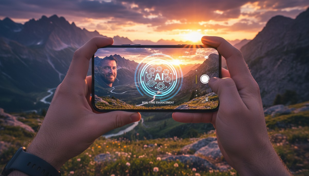 A photographer using a smartphone to capture a scenic view, with a superimposed AI processing icon, indicating real-time enhancement, clear and vibrant colors.