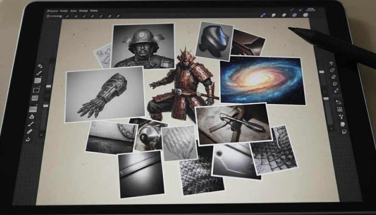 A Procreate canvas with multiple imported photos arranged as reference layers, some semi-transparent, illustrating a complex digital painting process., high-quality photography, professional lighting, sharp focus, realistic, detailed