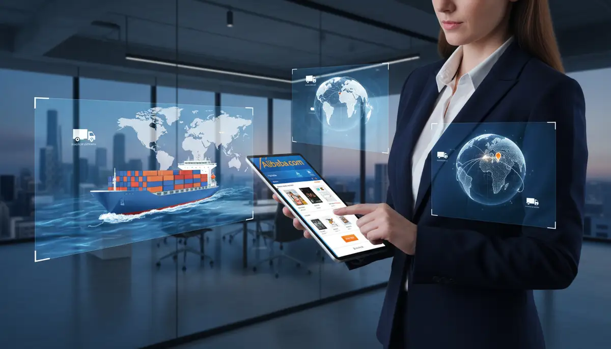 A professional business person using the Alibaba app on a tablet, surrounded by global supply chain visuals like cargo ships and world maps, in a modern office setting., high-quality photography, professional lighting, sharp focus, realistic, detailed