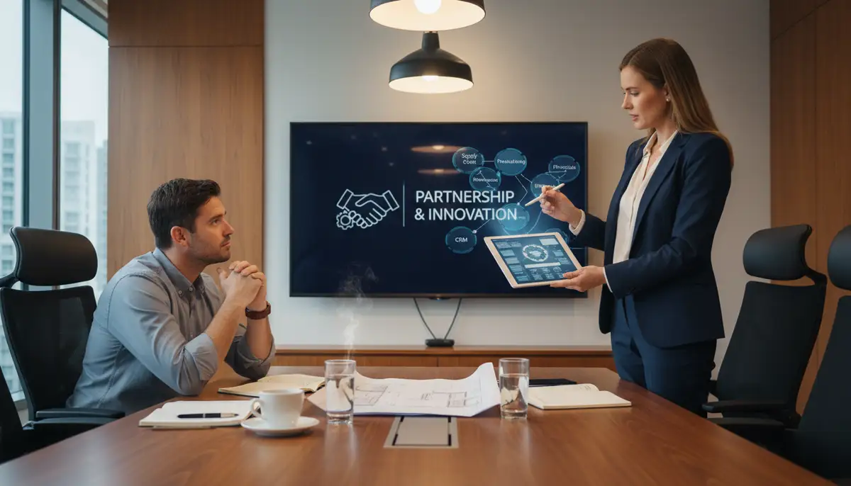 A professional consultant explaining complex ERP modules on a tablet to a manufacturing client in a meeting room, highlighting partnership and expertise.