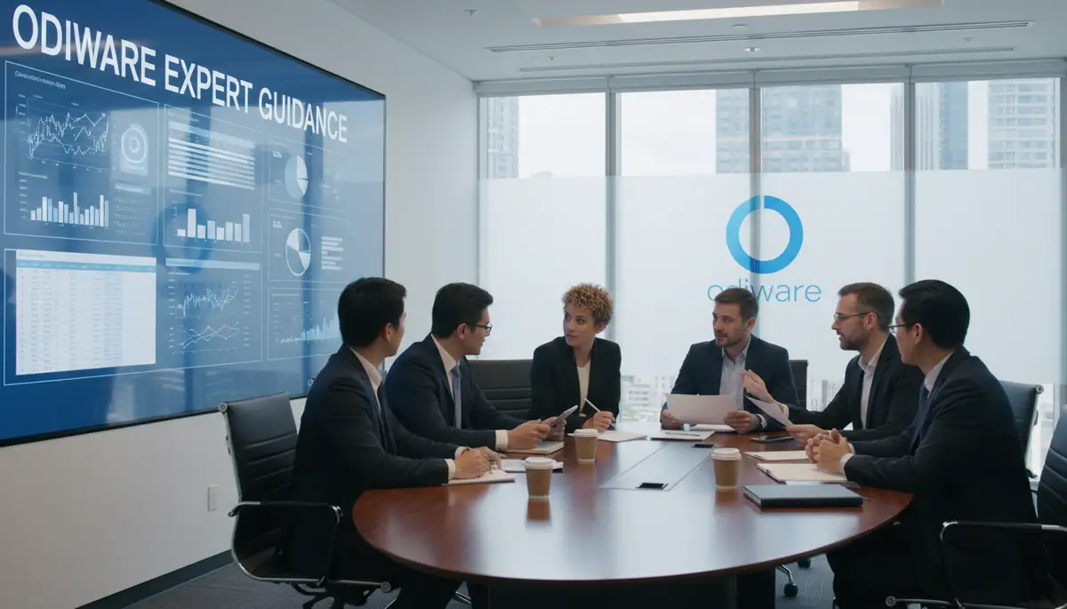 A professional consulting session, with a diverse team discussing financial reports on a large screen, representing Odiware's expert guidance.