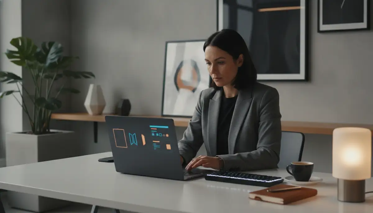 A professional designer working on a sleek laptop with a crisp black colour background wallpaper, surrounded by modern, minimalist office decor, showcasing productivity., high-quality photography, professional lighting, sharp focus, realistic, detailed