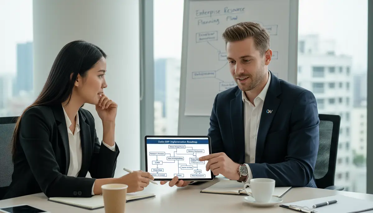 A professional Odoo consultant from Odiware Technologies guiding a client through a complex ERP implementation roadmap on a tablet, focusing on strategy and problem-solving.