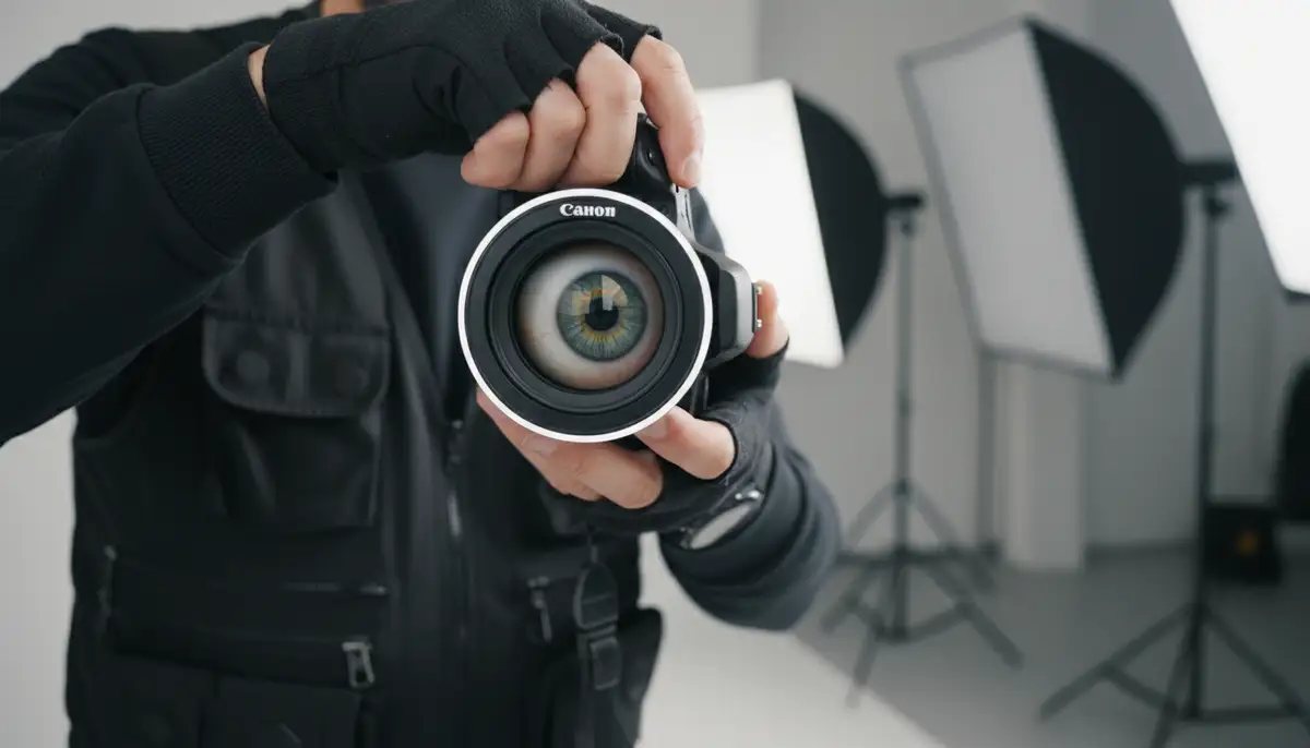 A professional photographer adjusting a ring light around a DSLR camera, focusing on a model's eye to capture a detailed iris shot., high-quality photography, professional lighting, sharp focus, realistic, detailed