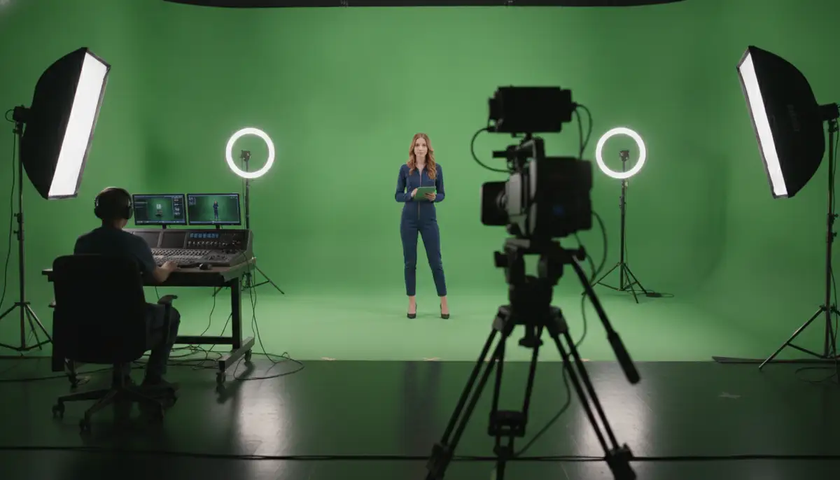 A professional studio setup with a perfectly lit chroma key background green screen, a camera on a tripod, and a subject standing in front of it, ready to film., high-quality photography, professional lighting, sharp focus, realistic, detailed