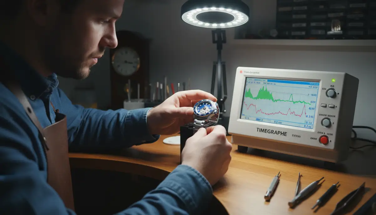 A professional watchmaker using a timegrapher to regulate an automatic watch, with graphs and numbers displayed on the screen., high-quality photography, professional lighting, sharp focus, realistic, detailed
