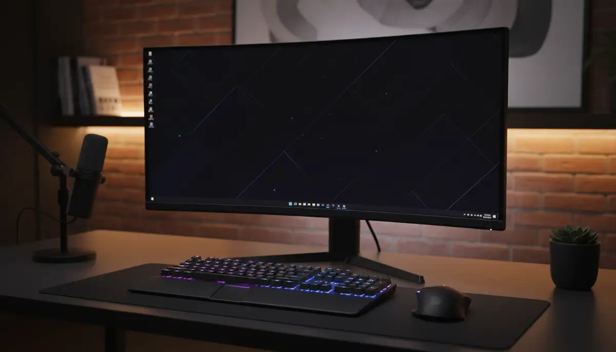A professional workspace featuring a desktop monitor displaying a black aesthetic theme, with a keyboard and mouse, illuminated by soft, ambient light., high-quality photography, professional lighting, sharp focus, realistic, detailed