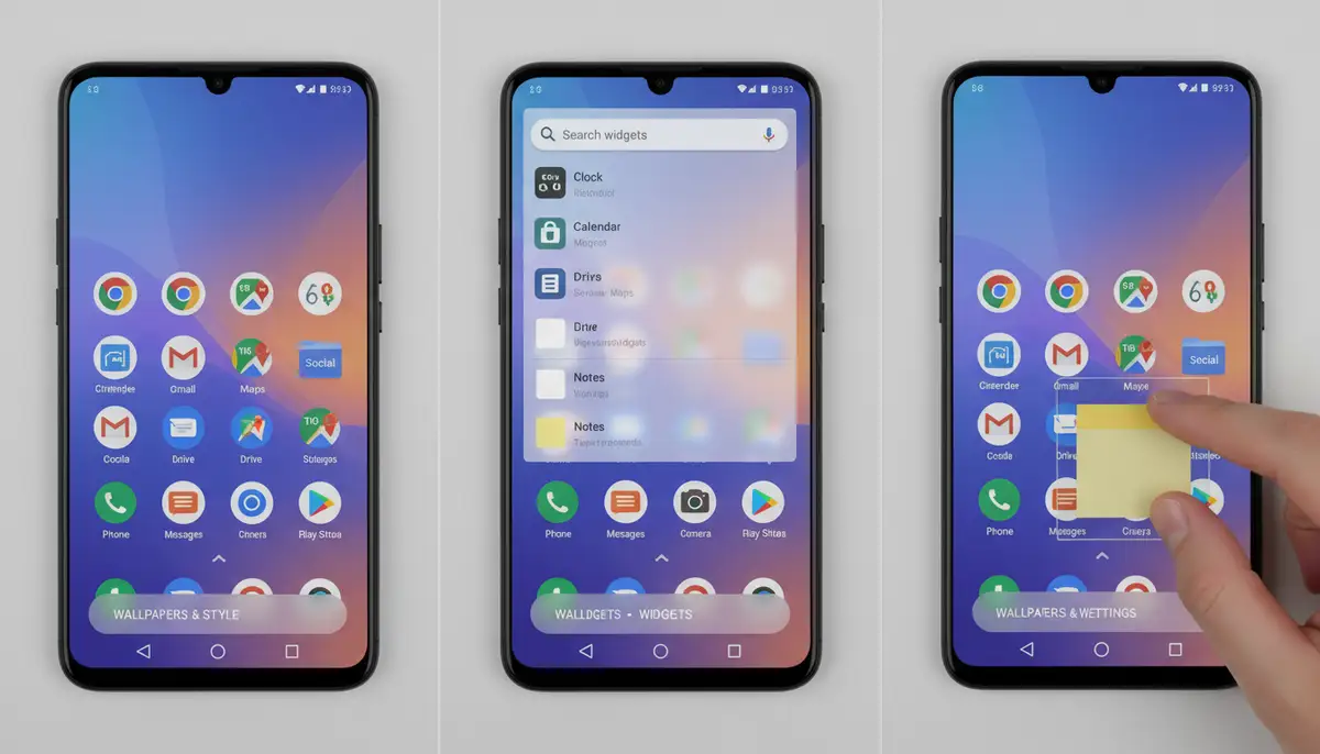 A screenshot sequence showing the steps of long-pressing the Android home screen, selecting 'Widgets', and then dragging a note widget onto the screen., high-quality photography, professional lighting, sharp focus, realistic, detailed