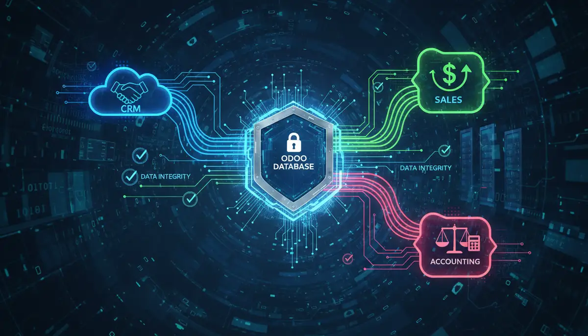 A secure, abstract representation of an Odoo database, with data flowing into various business modules like CRM, Sales, and Accounting, emphasizing integration and data integrity.