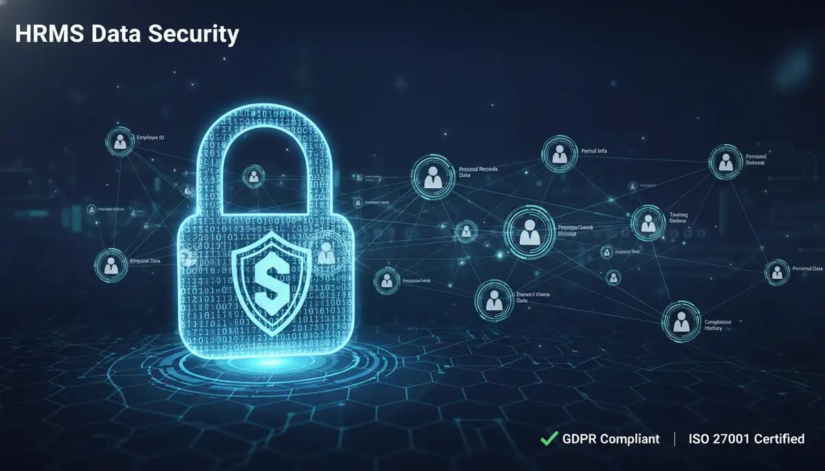 A secure digital lock icon overlaying a network of interconnected employee data, illustrating the data security and compliance aspects of an HRMS.