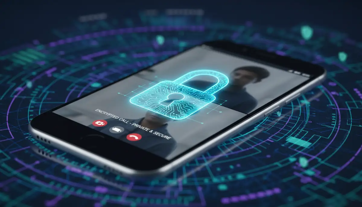 A secure digital padlock icon overlaid on a smartphone screen displaying a 1on1 video call, emphasizing privacy and encryption, with abstract digital security elements in the background., high-quality photography, professional lighting, sharp focus, realistic, detailed