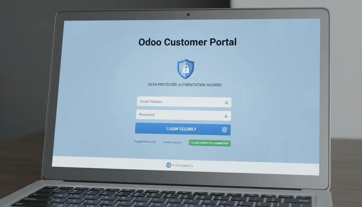 A secure login screen for an Odoo customer portal, emphasizing data protection and user authentication.