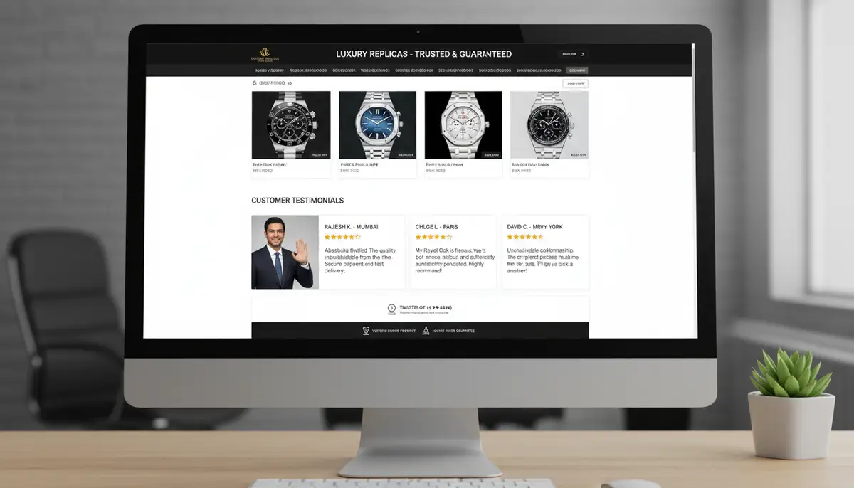 A secure online shopping interface for replica watches, showing various models and customer reviews, emphasizing trust and quality., high-quality photography, professional lighting, sharp focus, realistic, detailed
