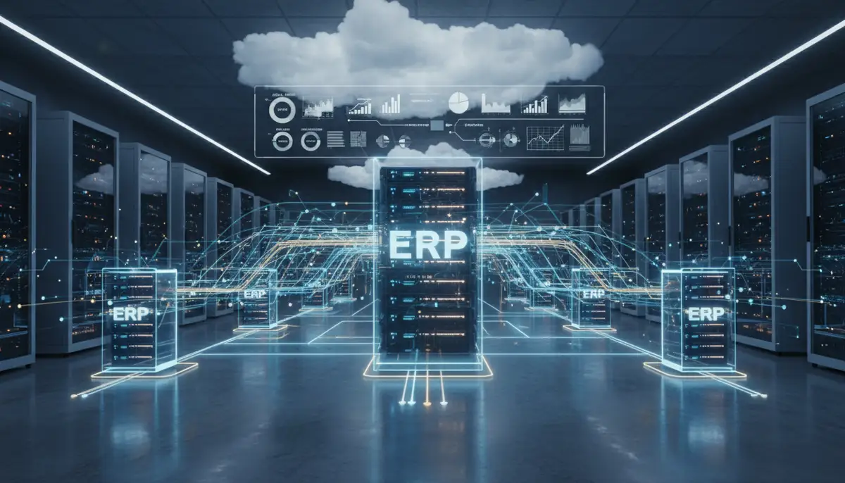 A secure, scalable cloud infrastructure with multiple interconnected servers and data flowing seamlessly, emphasizing the benefits of cloud-based ERP.