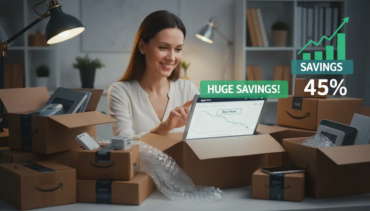A shopper making a confident purchase on Amazon after checking a price tracker, surrounded by various product boxes and a 'savings' graphic., high-quality photography, professional lighting, sharp focus, realistic, detailed