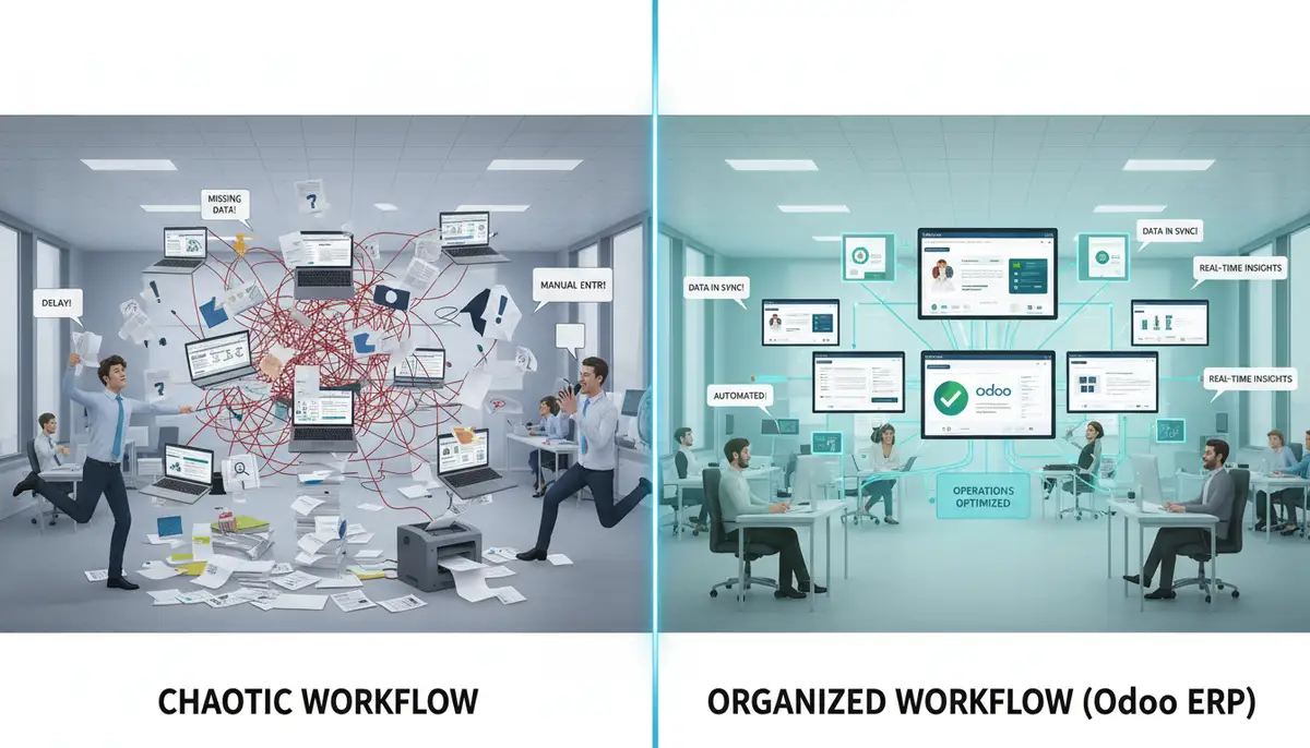 A side-by-side comparison illustrating a chaotic, fragmented business workflow versus an organized, efficient one powered by Odoo ERP.