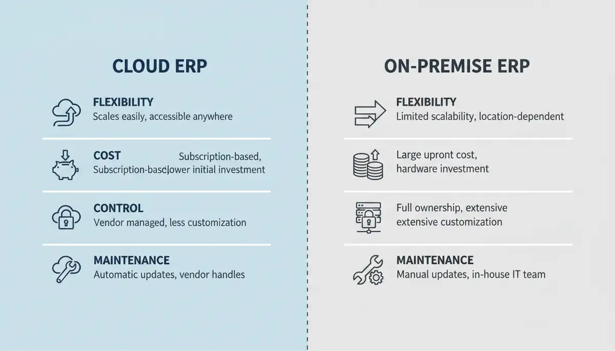 A side-by-side comparison illustrating the differences between cloud ERP and on-premise ERP, with clear icons for flexibility, cost, control, and maintenance.