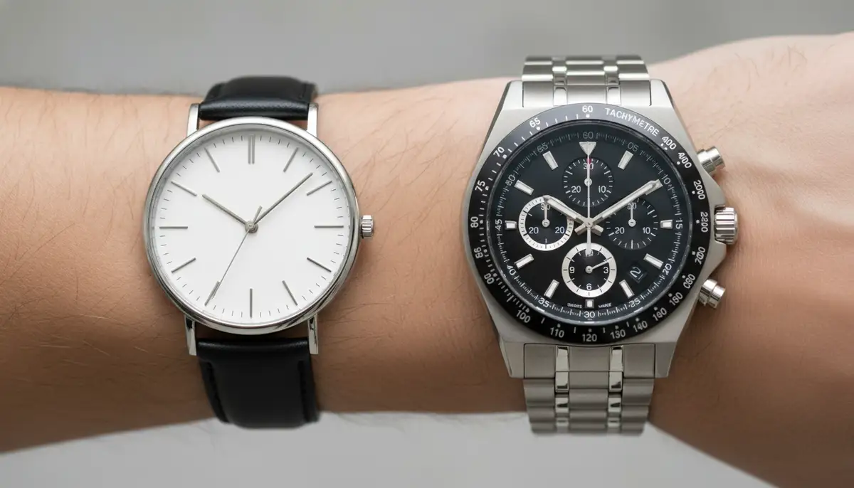 A side-by-side comparison image of a sleek, simple analog watch and a robust, multi-featured chronograph watch on a wrist, illustrating their design differences., high-quality photography, professional lighting, sharp focus, realistic, detailed