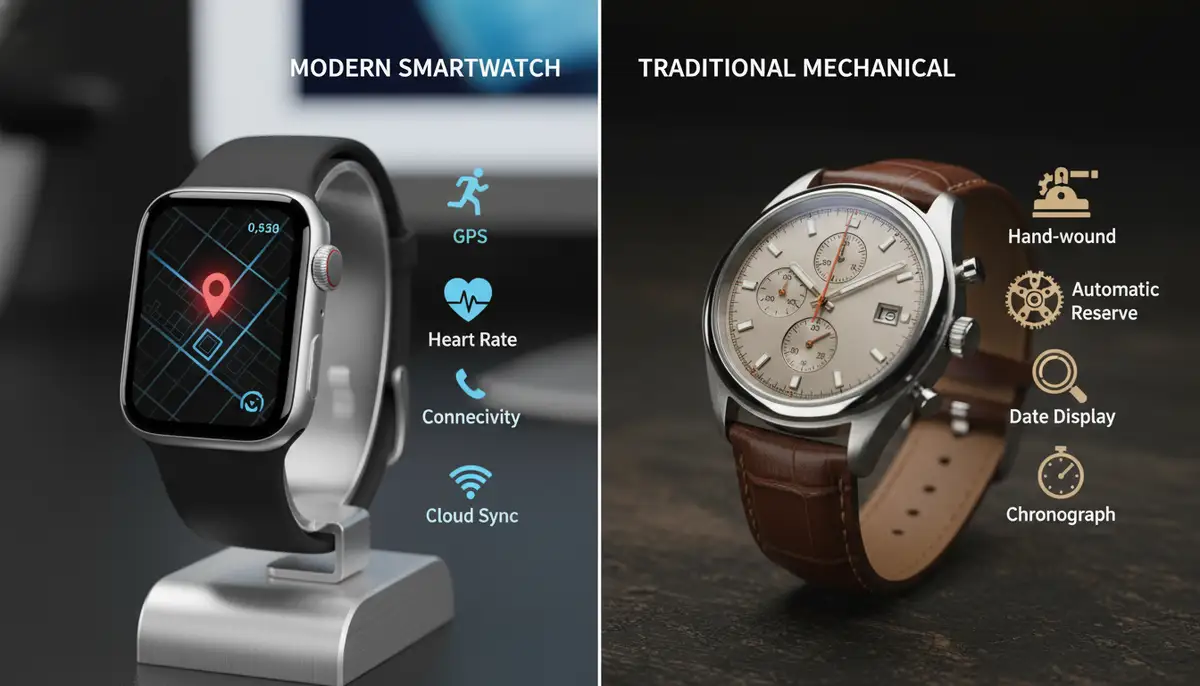 A side-by-side comparison image of an Apple Watch and a mechanical watch, with icons representing their respective features like 'GPS' and 'Hand-wound'., high-quality photography, professional lighting, sharp focus, realistic, detailed