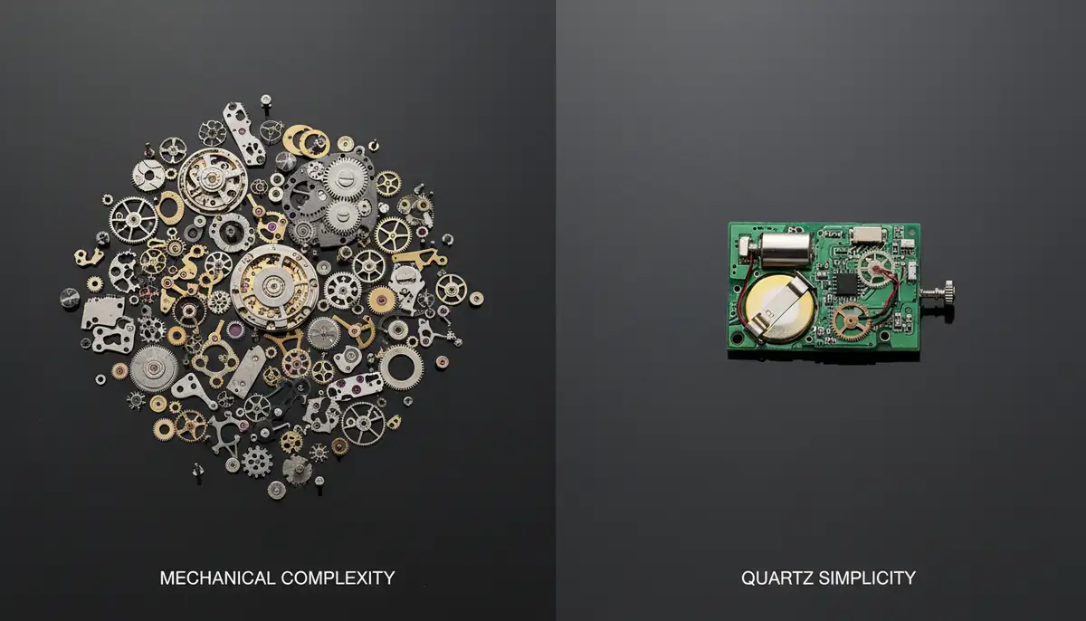 A side-by-side comparison of a disassembled mechanical watch and a simple analog quartz watch movement, highlighting their complexity differences., high-quality photography, professional lighting, sharp focus, realistic, detailed