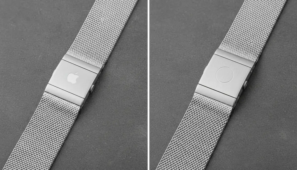A side-by-side comparison of a genuine Apple Milanese Loop band and a high-quality third-party Milanese band, highlighting subtle differences in finish and magnetic clasp design., high-quality photography, professional lighting, sharp focus, realistic, detailed